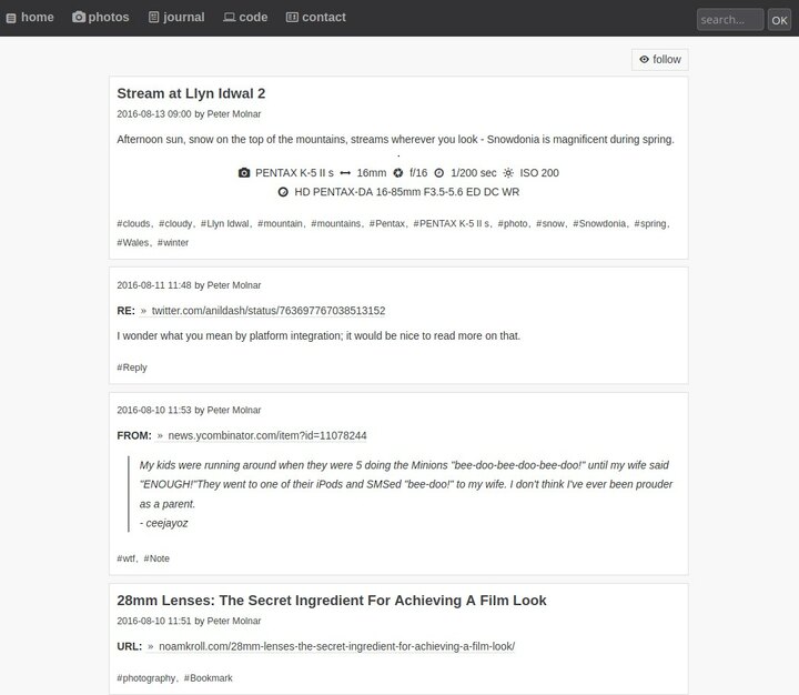 2016.jpg Painfully bright, and never felt like my own. Plus there was a huge
stream of content: bookmarks, quotes, twitter reply copies, etc. I
turned my site into a stream, and the more content it had, the more
distant it felt, the less of a homepage it became.